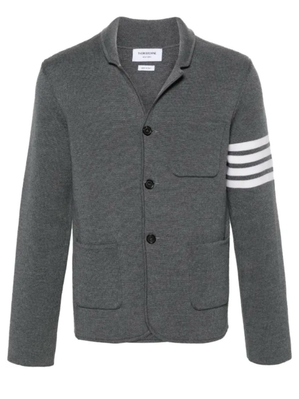 Thom Browne Gray Wool Button-Front Cardigan Jacket with White Sleeve Stripes
